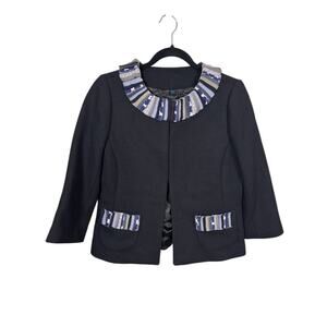 Boden Blazer Womens 6 UK10 Black Ruffle Trim Open Front Wool Blend 3/4 Sleeve